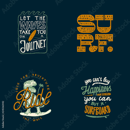 Surfing print set - Let the waves take you on a journey, Surf bold letters, Dino surfer, You can't buy happiness but you can buy a surfboard - vintage lettering set