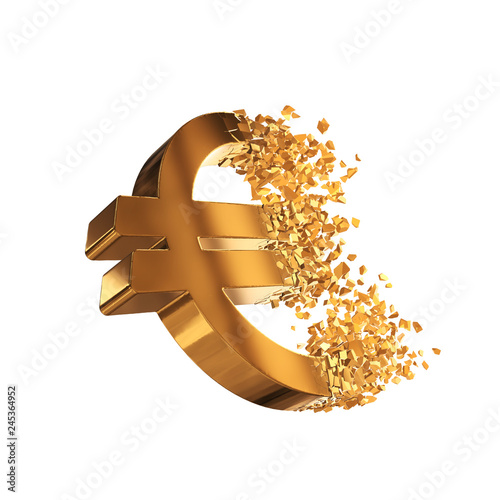 Fractured Euro value 3d model with disappearing effect. Financial crisis concept. 3d render isolated on white