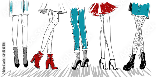 sketch of women legs in boots sandals shoes