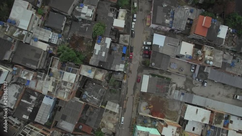 Favela Aerial: God's eye view looking down over street and favela houses in Rio de Janeiro, Brasil photo