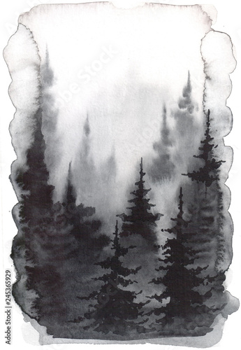 Watercolor hand drawn illustration with Forest. silhouette of a pine forest. Forest background for calligraphic inscription.