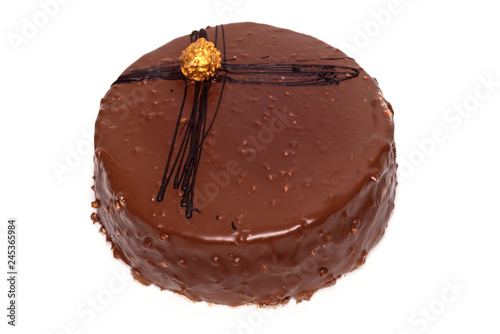 Delicious chocolate cake isolated on white background .