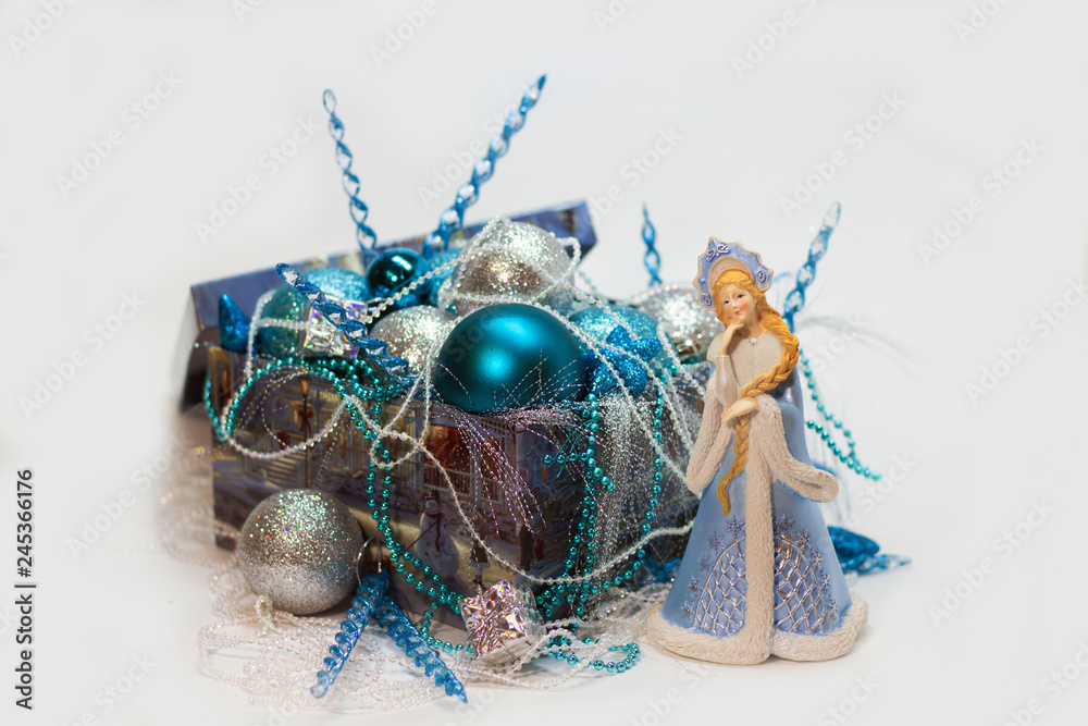 Fototapeta premium box with Christmas decorations white and blue