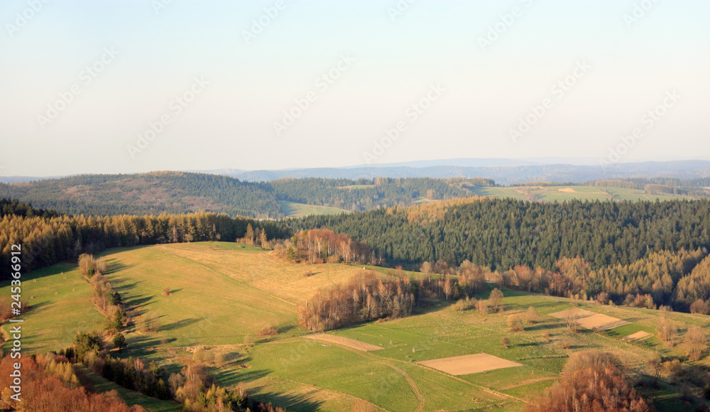 Beskidy Mountains at sunset in spring. View from Slotwiny, Krynica-Zdroj, Poland.