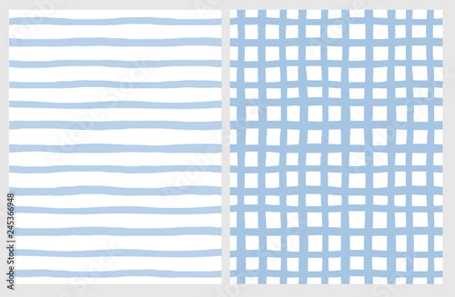 Set of 2 Hand Drawn Irregular Geometric Patterns. Horizontal Blue Stripes on a White Background. Light Blue Grid on a White Background. Infantile Style Abstract Graphic. Cute Repeatable Design.
