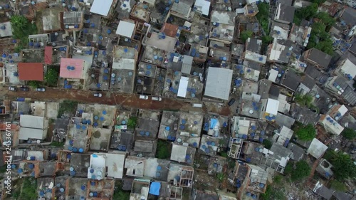 Favela Aerial: God's eye view slowly moving across densely packed favela houses in Rio de Janeiro, Brasil photo