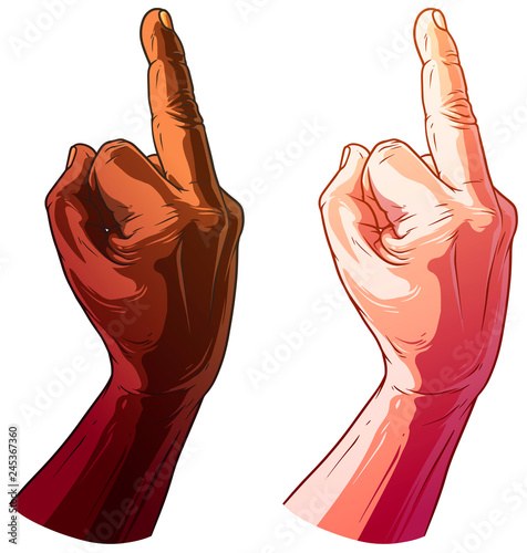 Cartoon detailed graphic white and black human hands. Showing middle finger offensive gesture or sign. Isolated on white background. Vector icons set.