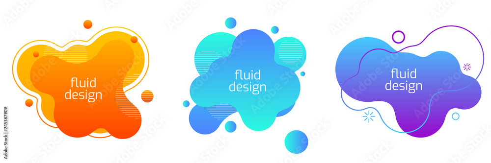 Set of liquid color abstract geometric shapes. Minimal fluid design elements with gradient colors and dynamic composition