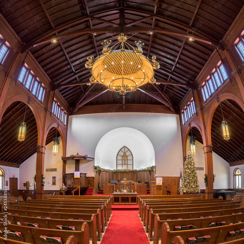 Interior and nave of the Grace United Methodist Church in downtown St. Augustine, Florida