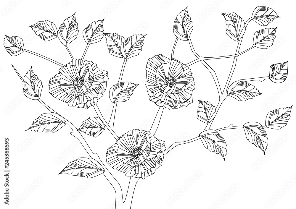 fancy floral tree with flowers of poppies for your coloring page