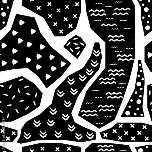 Handmade contrast seamless pattern. Childish craft monochrome wallpaper for birthday card, baby nappy, school party advertising, shop sale poster, holiday wrapping paper, textile, bag print etc.
