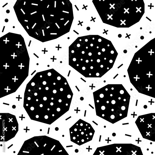 Handmade contrast seamless pattern. Childish craft monochrome wallpaper for birthday card, baby nappy, school party advertising, shop sale poster, holiday wrapping paper, textile, bag print etc.