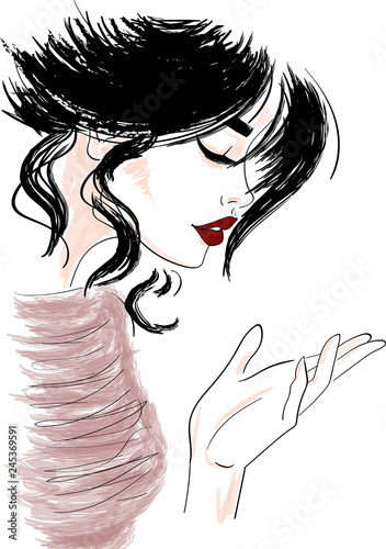 Sketch of woman profile looking down the hand