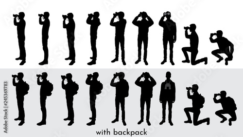 Set of tourist silhouettes with binoculars
