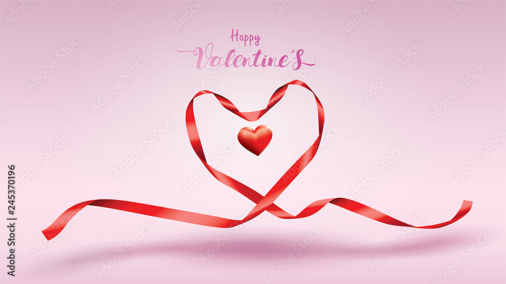 Beautiful Valentine's Day background with red silk ribbons and shape hearts sweet color. cute and together design concept