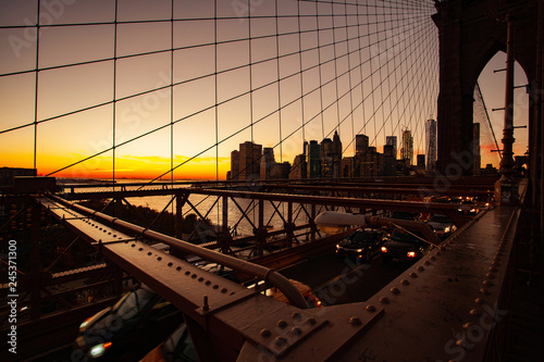 Busy traffic in New York City, Manhattan, Brooklyn Bridge