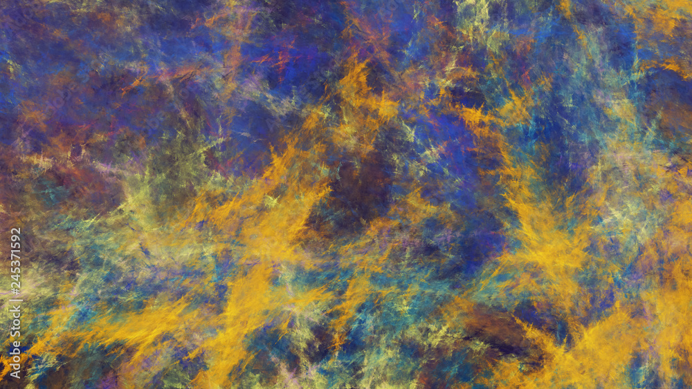 Abstract blue and yellow painted texture. Colorful fractal background. Digital art. 3d rendering.