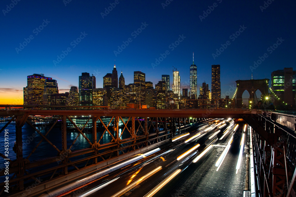Busy traffic in New York City, Manhattan, Brooklyn Bridge