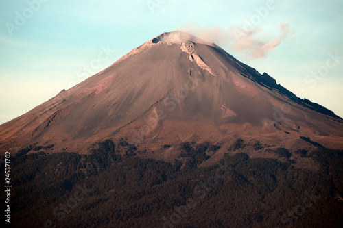 Popocatepetl volcano in the city Cholula. Mexico