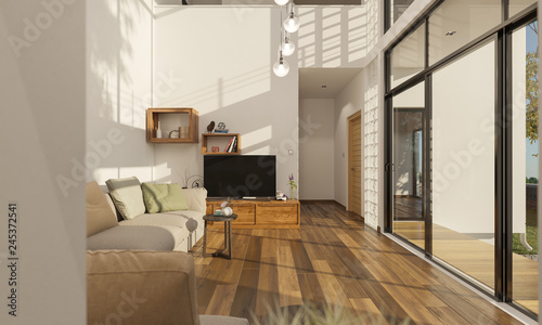 Living Room Overlooking the Patio in Broad Daylight 3D Rendering