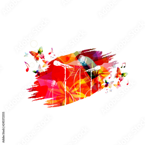 Microphones with music notes vector illustration design. Colorful music background. Karaoke poster, music festival poster, live concert events, party flyer