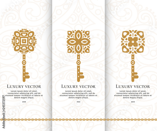 Vector set of luxury golden keys. Elegant, classic elements. Can be used for jewelry, beauty and fashion industry. Great for logo, monogram, invitation, flyer, menu, brochure, background, or any idea.