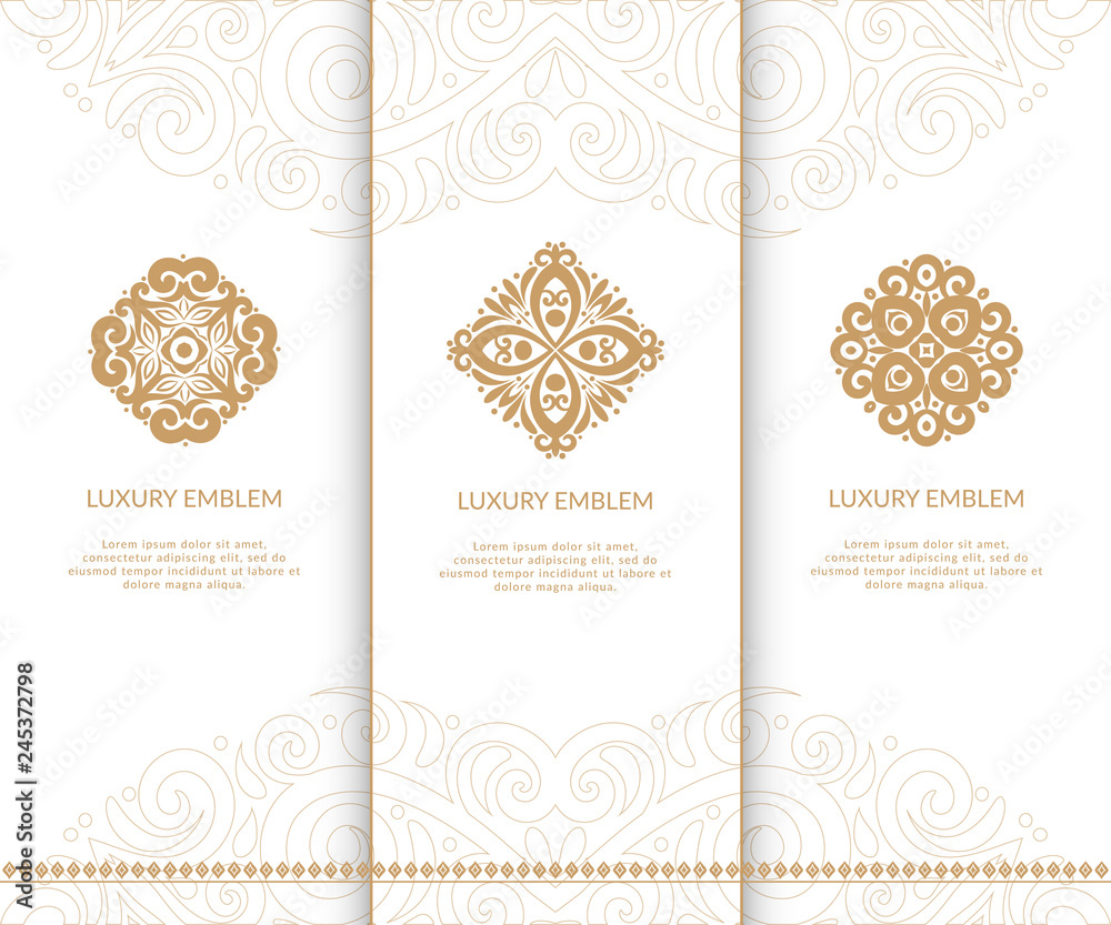 Set of vector emblem. Elegant, classic elements. Can be used for jewelry, beauty and fashion industry. Great for logo, monogram, invitation, flyer, menu, brochure, background, or any desired idea.