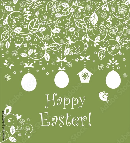 Beautiful Easter decorative olive green greeting card with crochet lacy decoration, hanging eggs, nestling box and funny little birds