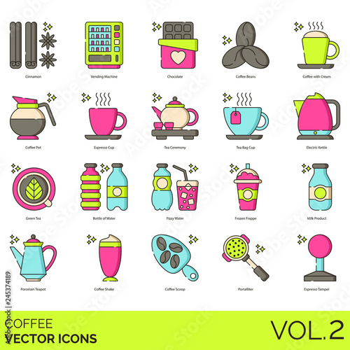 Coffee icons including cinnamon, vending machine, chocolate, beans, cream, pot, espresso cup, ceremony, bag, electric kettle, green tea, bottle of water, fizzy, frozen frappe, milk product, porcelain.