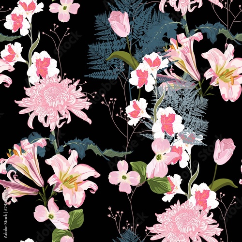 Flower seamless pattern with beautiful lilies and chrysanthemum flowers on black background template. 