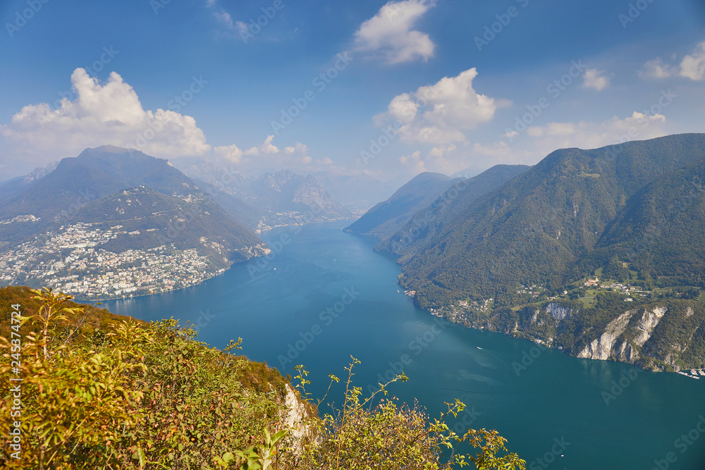 Scenic view to the lake Lugano from mountain San Salvatore