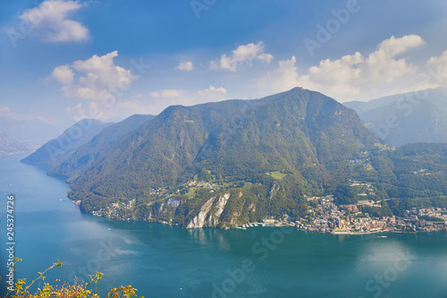 Scenic view to the lake Lugano from mountain San Salvatore