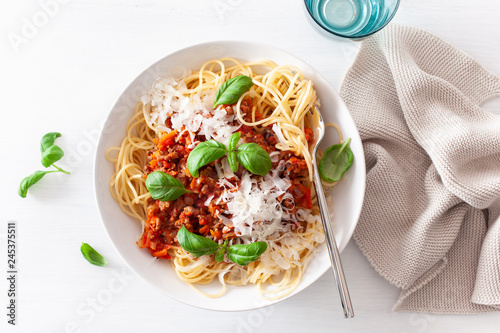 spaghetti bolognese with basil and parmesan, italian pasta