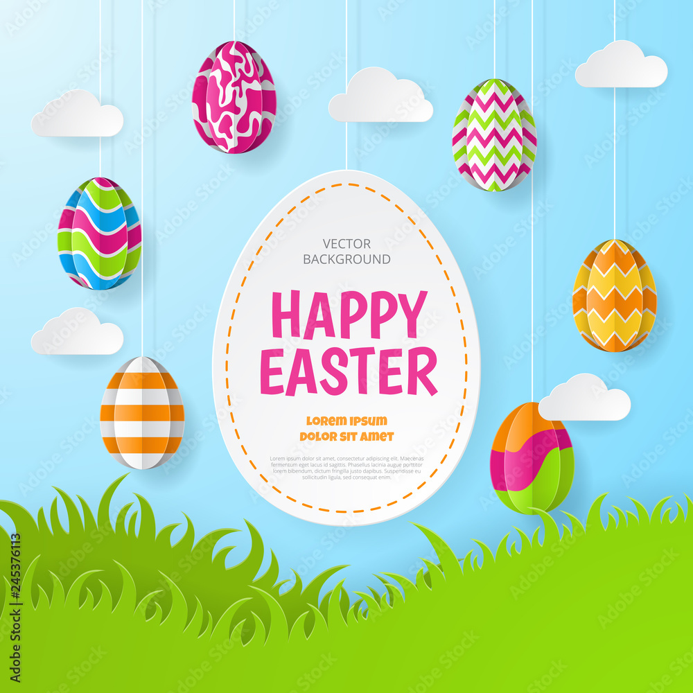 Fototapeta premium Happy easter background. Greeting Card. Paper cut style. Vector illustration