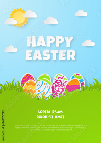 Happy easter background. Greeting Card. Paper cut style. Vector illustration