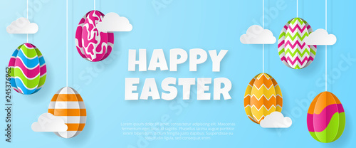 Happy easter banner template. Greeting Card. Paper cut style. Vector illustration