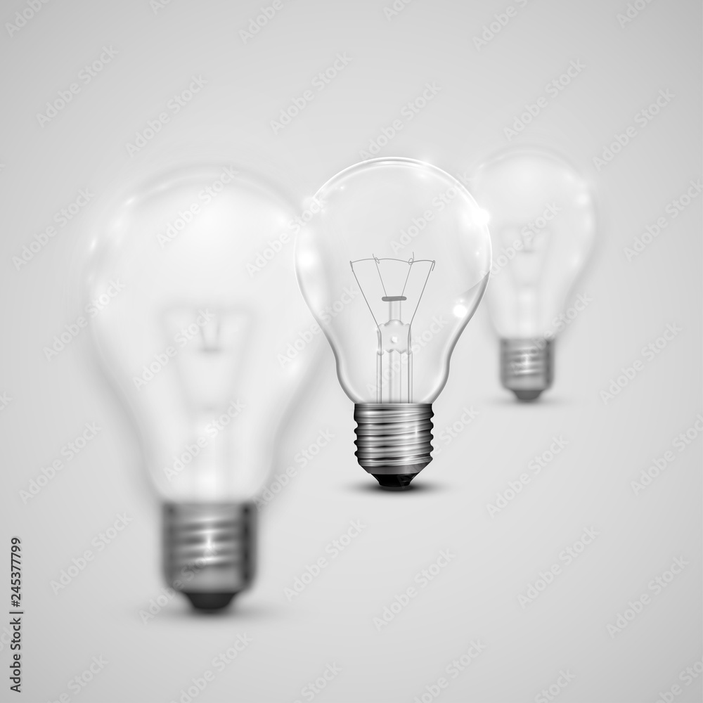 Realistic light bulbs with blurred ones, vector illustration