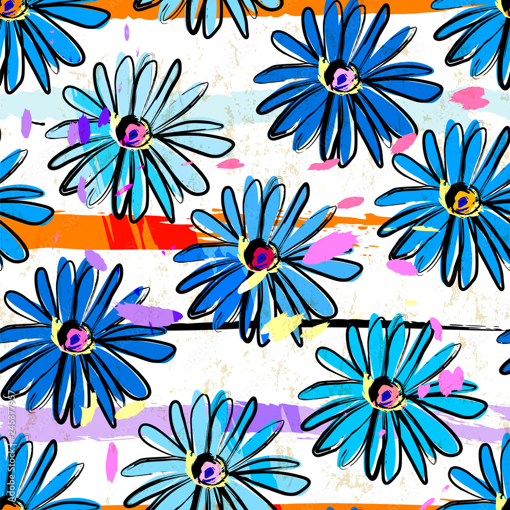 seamless flower pattern springtime background, with stripes, paint strokes and splashes seamless flower pattern springtime background, with stripes, paint strokes and splashes