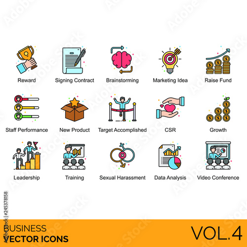 Business icons including reward, signing contract, brainstorming, marketing idea, raise fund, staff performance, new product, target accomplished, CSR, growth, leadership, training, sexual harassment.