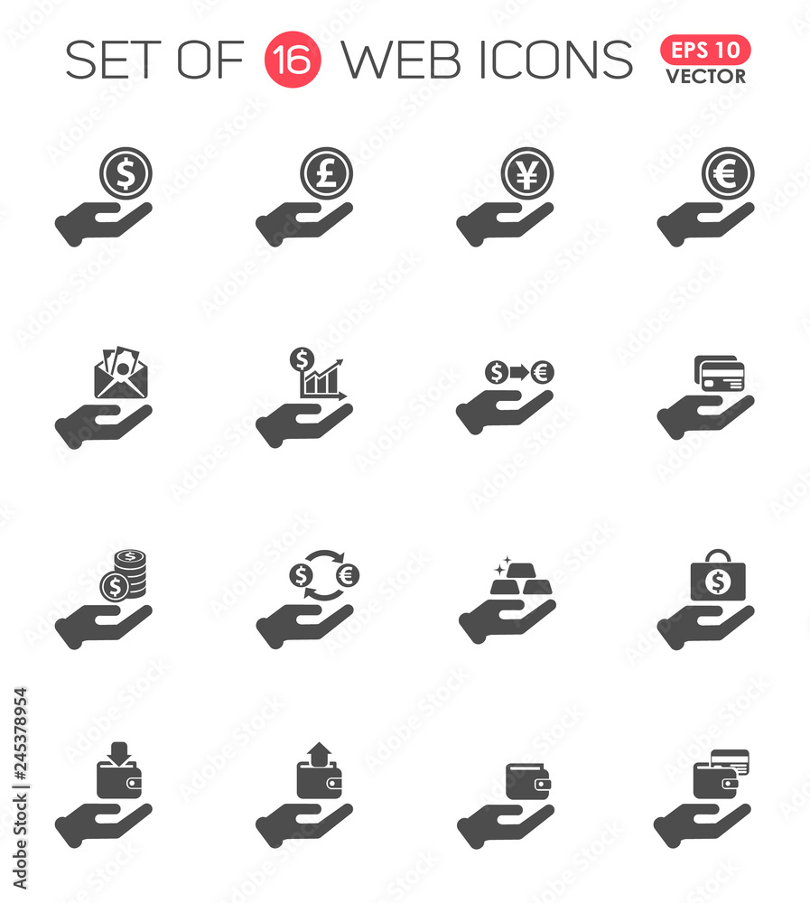 hand and money icon set. hand and money web icons for your project