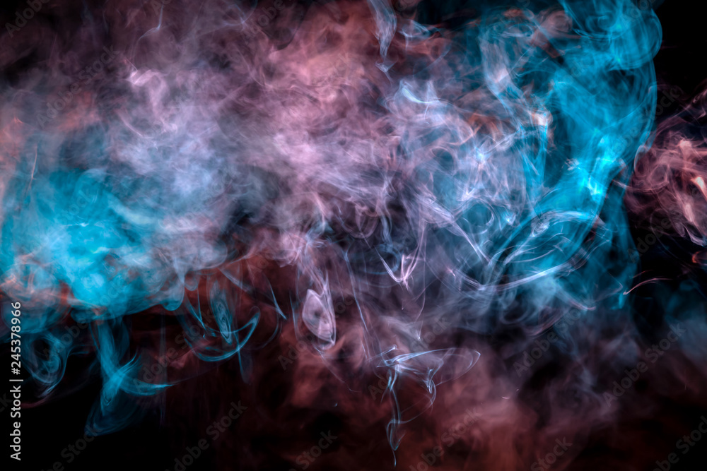 A colorful neon smoke pattern on a dark background with a transition from blue to violet in color, with white particles of star dust and thin flames.