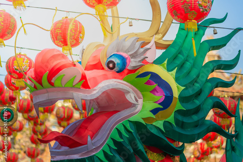 Close up Chinese New Year Dragon Head with sunshine on blurred background.