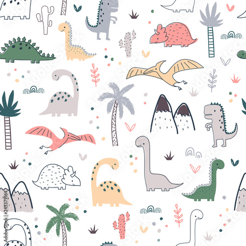 Cartoon seamless pattern with dinosaurs and palm trees