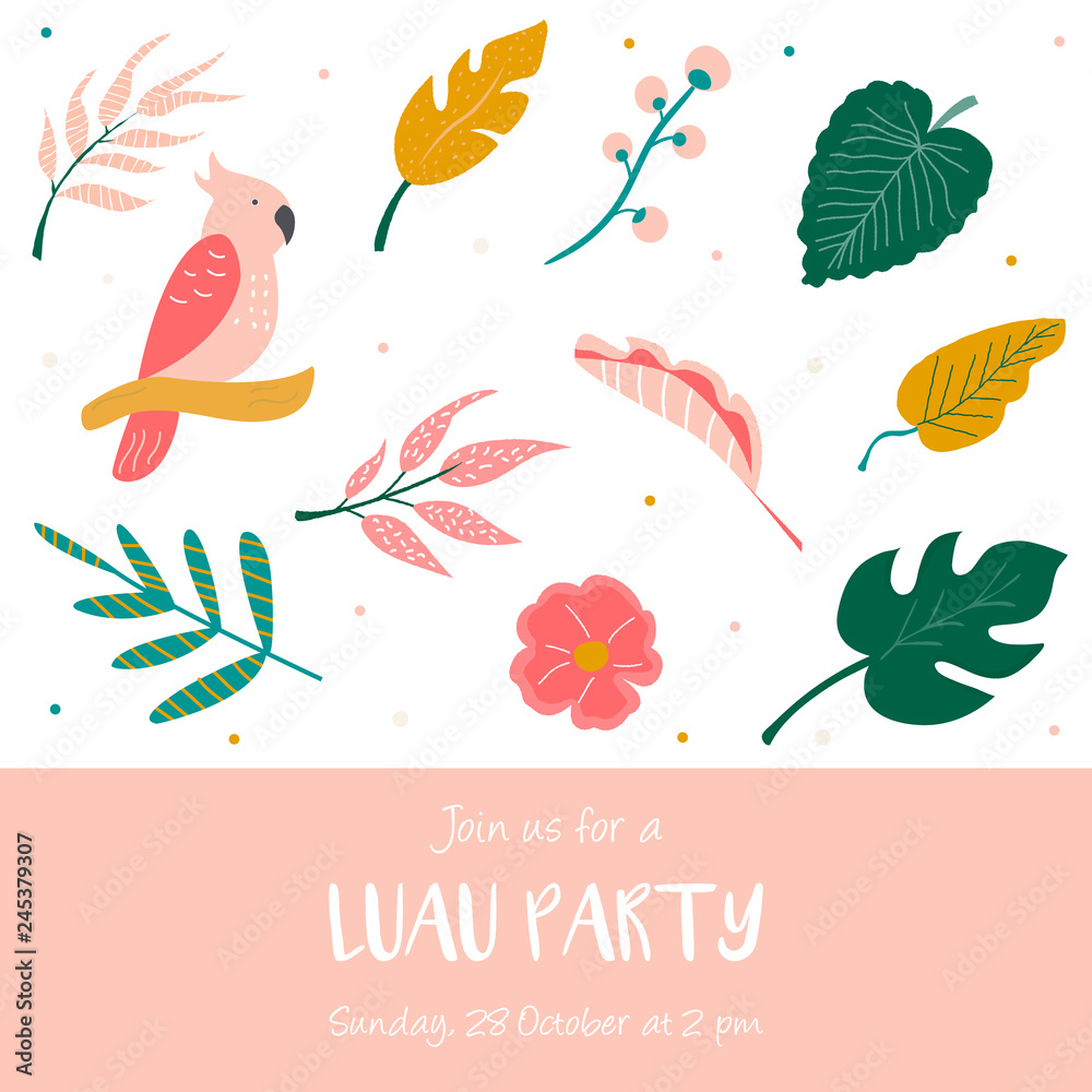 Bright invitation with flowers and palm leaves.