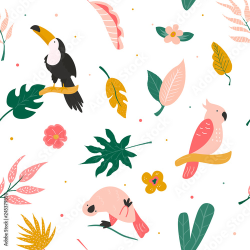 Tropical seamless pattern with birds and leaves