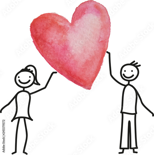 kontaktverbot, sociale distance, Corona, Coronavirus, Strichfigur - Junges verliebtes Paar mit großem Herz, Hochzeit, Heirat, Trauung, Valentin, Valentinstag, bride to be