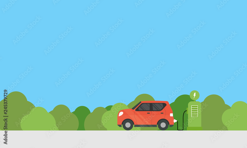 Electric cars charging at the charger station in front of the solar panels and wind turbines. City. nature. in blue background and sun. Environmentally friendly Eco green city theme. Electric cars charging at the charger station in front of the solar panels and wind turbines. City. nature. in blue background and sun. Environmentally friendly Eco green city theme.