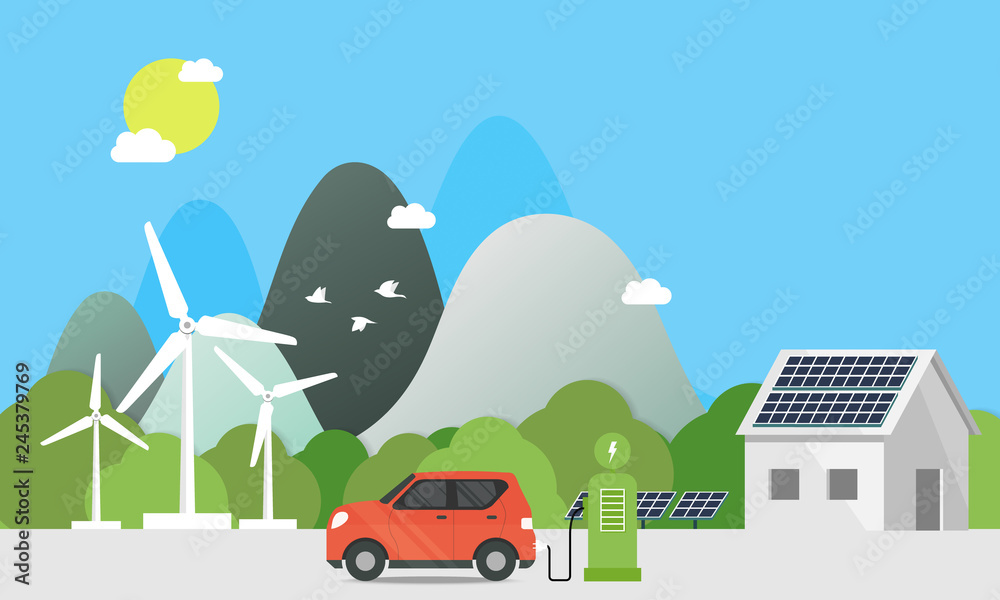 Electric cars charging at the charger station in front of the solar panels and wind turbines. City. nature. in blue background and sun. Environmentally friendly Eco green city theme.