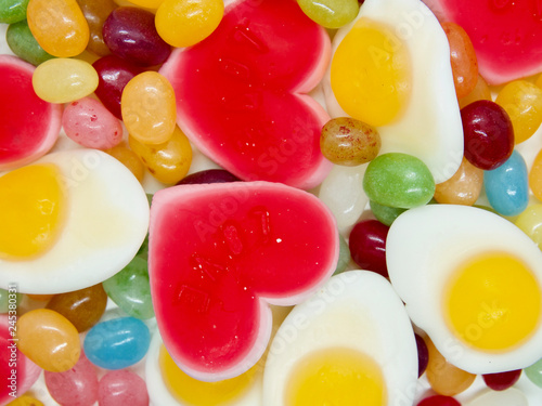 Colorful and lovely collection of sweet jelly(jelly bean, heart shaped jelly, sunny side up egg shaped jelly) © seongjin