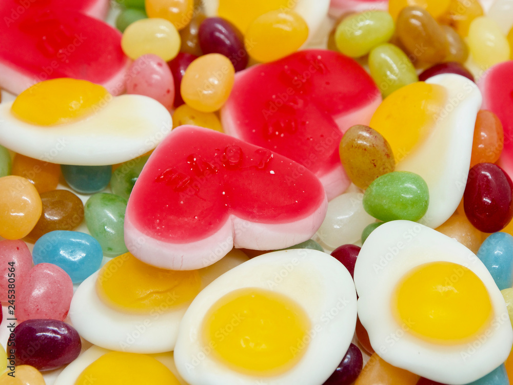 Colorful and lovely collection of sweet jelly(jelly bean, heart shaped jelly, sunny side up egg shaped jelly)